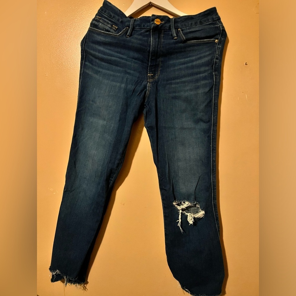 Frame distressed ripped Dark Blue Flared Jeans le crop mini boot 30 - Picture 5 of 14
